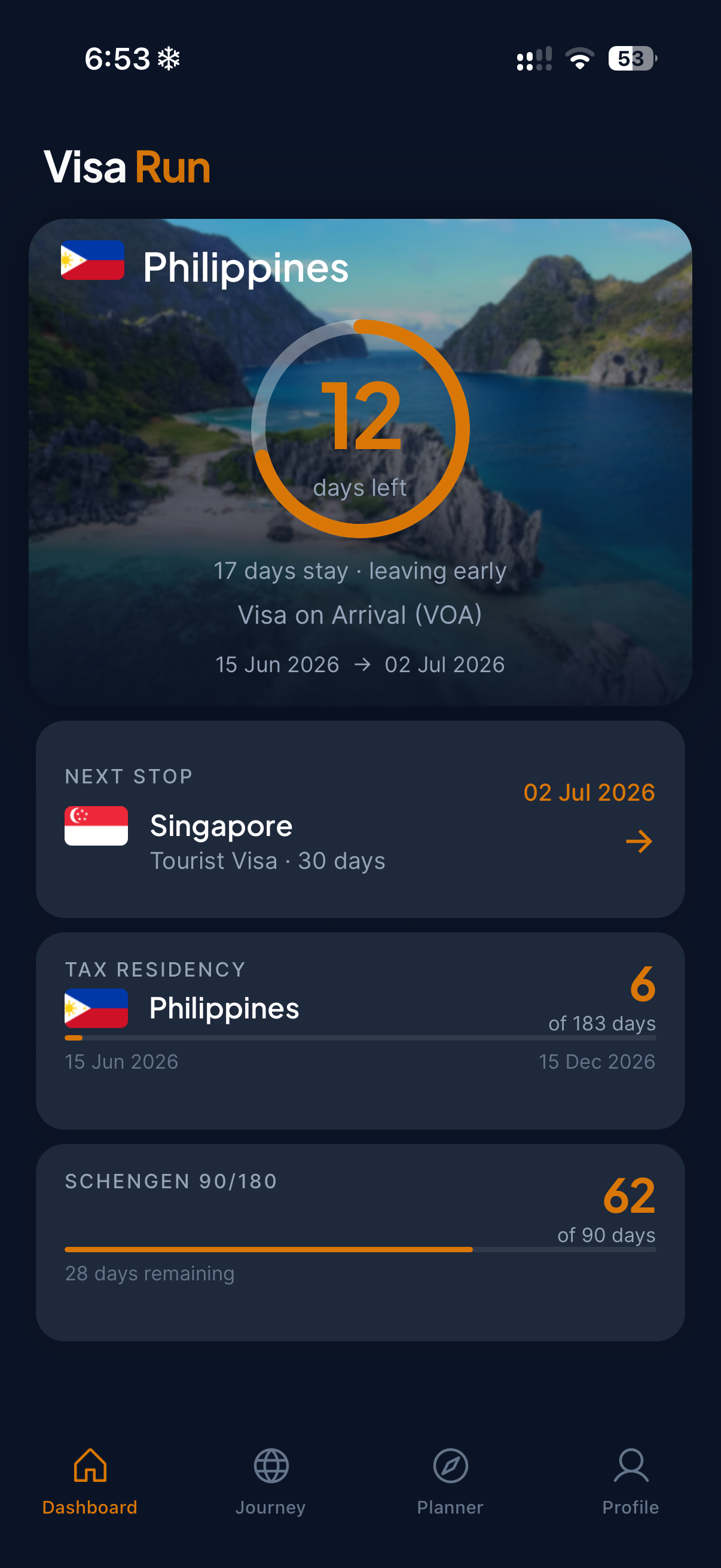 Visa Run app dashboard showing days remaining, next stop, and Schengen window